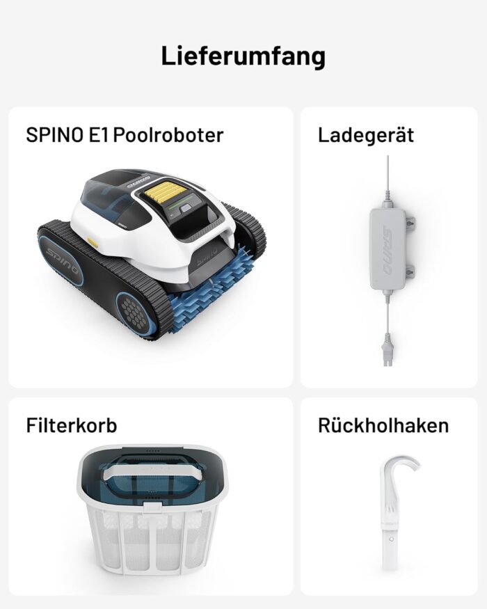 Spino E1 Poolroboter Akku Boden und Wand, 210 Min Kabellos Poolsauger, Max 21950 LPH, Poolreiniger mit 5 Reinigungsmodi, Auto Wasserlinien Parkfunktion, Weiß-Gelb