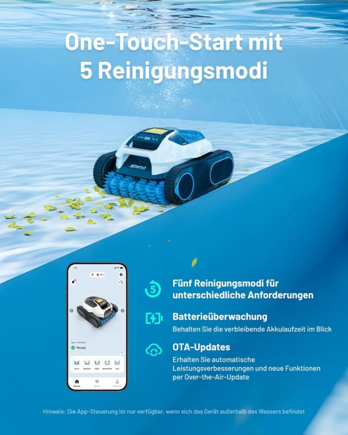 Spino E1 Poolroboter Akku Boden und Wand, 210 Min Kabellos Poolsauger, Max 21950 LPH, Poolreiniger mit 5 Reinigungsmodi, Auto Wasserlinien Parkfunktion, Weiß-Gelb