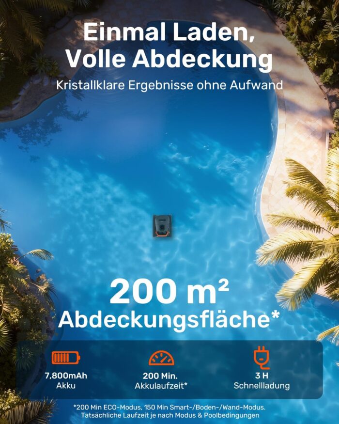 Gosvor (2026 Neu) Poolroboter Wand und Boden, Wasserlinie, Flachzone 4-in-1, Bis zu 200 Min. Laufzeit, Leichtgewicht 6,9 KG, 3μm Ultrafeiner Filter, Poolsuager Akku für Pools bis zu 200 m², Orange
