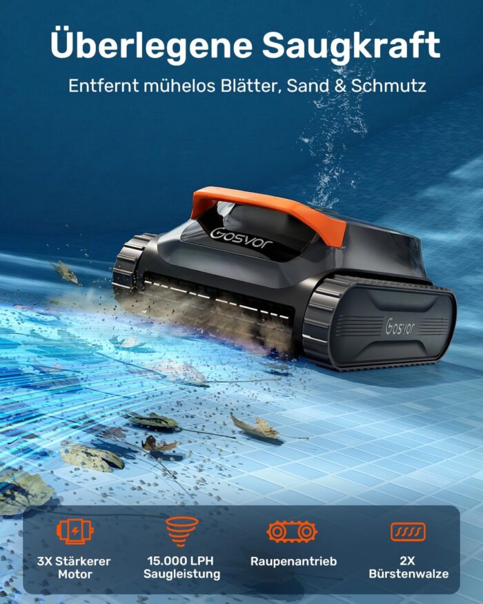 Gosvor (2026 Neu) Poolroboter Wand und Boden, Wasserlinie, Flachzone 4-in-1, Bis zu 200 Min. Laufzeit, Leichtgewicht 6,9 KG, 3μm Ultrafeiner Filter, Poolsuager Akku für Pools bis zu 200 m², Orange