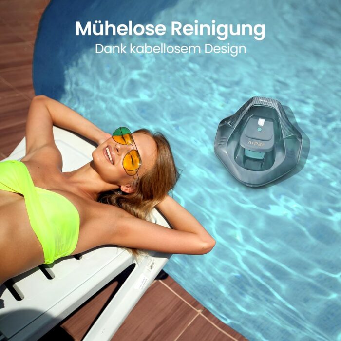 AIPER Poolroboter, Kabellos Poolsauger Akku, Bodensauger mit 90 Min Laufzeit, Automatisches Parken, Dual-Antriebsmotoren & LED-Anzeigen, Ideal für Flachem Boden Pool bis zu 80 m²
