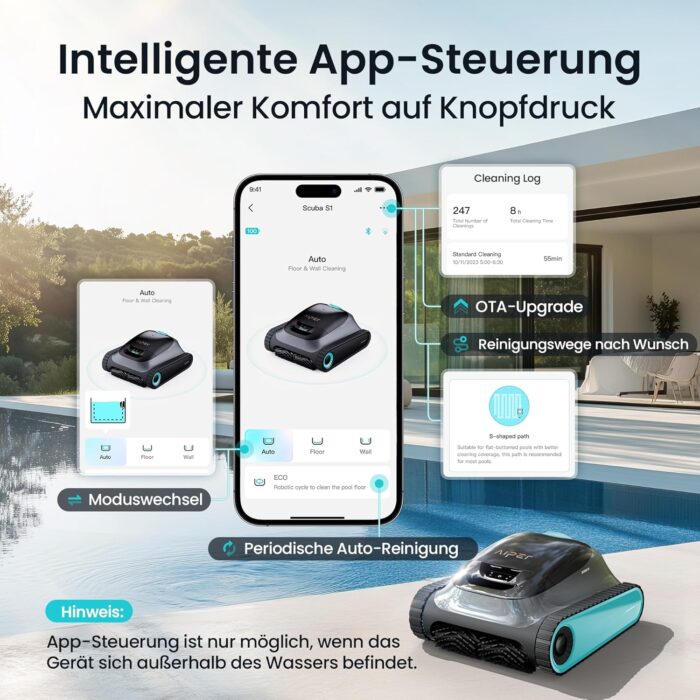 AIPER (2026 Upgrade) Scuba S1 Poolroboter Boden und Wand, Wasserlinienreinigung, Doppelfiltration, 240 Min Laufzeit, Intelligente Navigation, App-Steuerung & OTA-Updates für Einbau- und Aufstellpools
