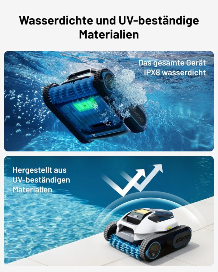 Spino E1 Poolroboter Akku Boden und Wand, 210 Min Kabellos Poolsauger, Max 21950 LPH, Poolreiniger mit 5 Reinigungsmodi, Auto Wasserlinien Parkfunktion, Weiß-Gelb