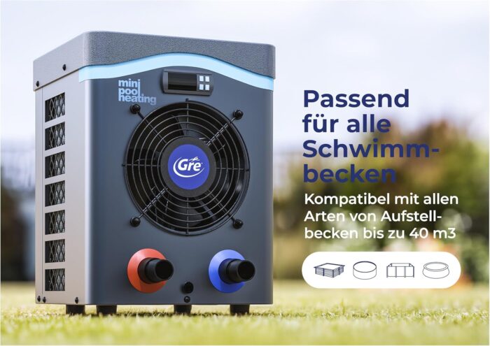 Gre HPM20 – Mini-Wärmepumpe für Aufstellpools bis zu 20 m³, Heizsystem für Aufstellpools, Farbe Grau