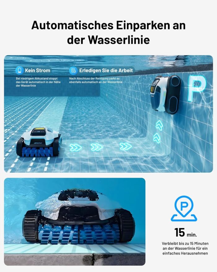 Spino E1 Poolroboter Akku Boden und Wand, 210 Min Kabellos Poolsauger, Max 21950 LPH, Poolreiniger mit 5 Reinigungsmodi, Auto Wasserlinien Parkfunktion, Weiß-Gelb