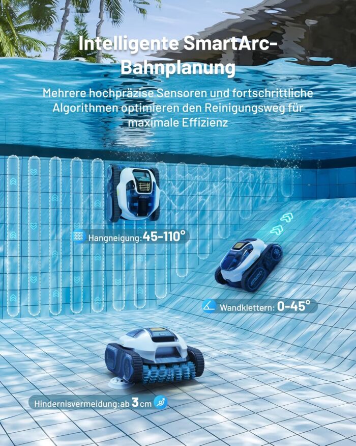 Spino E1 Poolroboter Akku Boden und Wand, 210 Min Kabellos Poolsauger, Max 21950 LPH, Poolreiniger mit 5 Reinigungsmodi, Auto Wasserlinien Parkfunktion, Weiß-Gelb